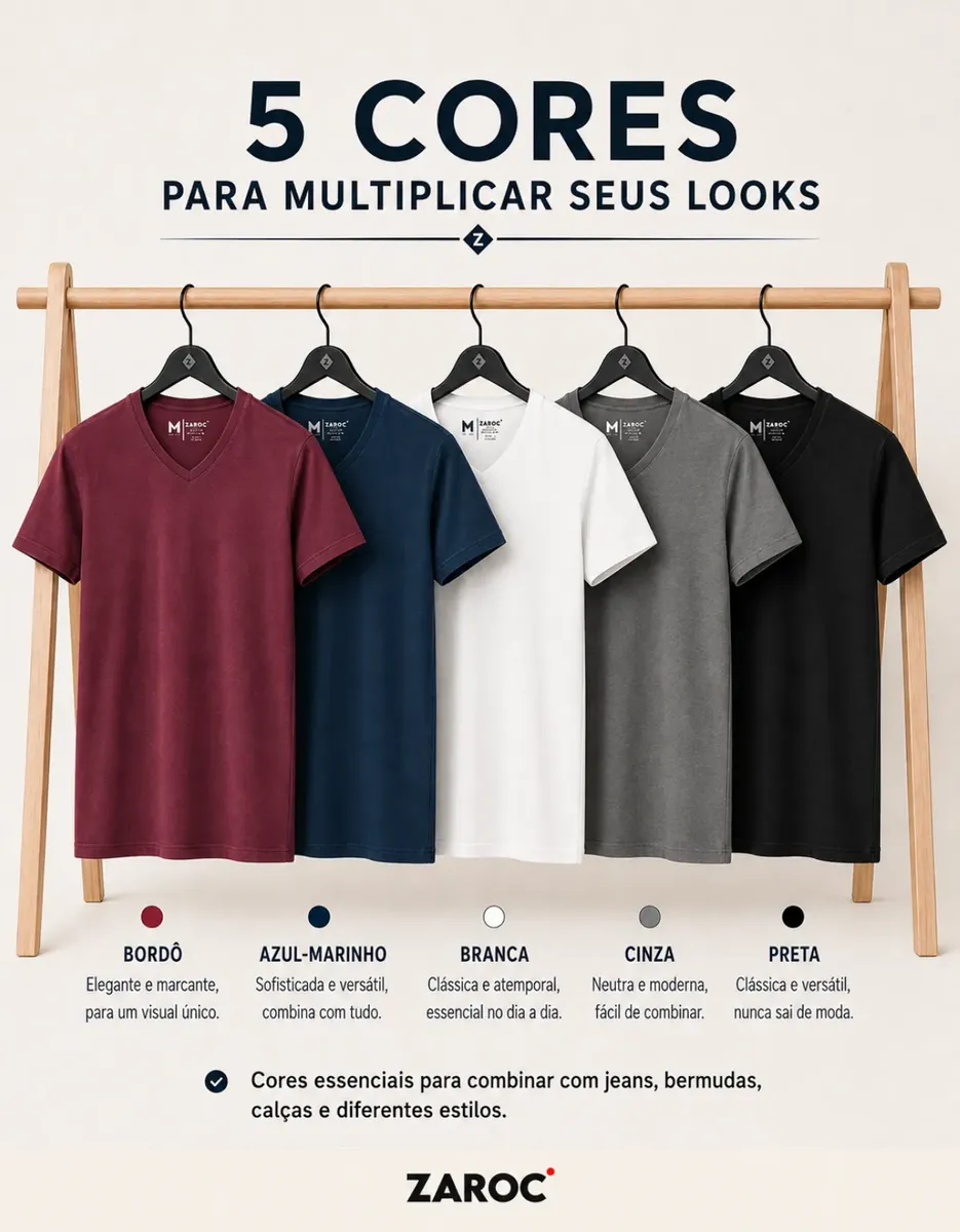 Kit 5 Camisetas Masculinas Gola V Slim Zaroc