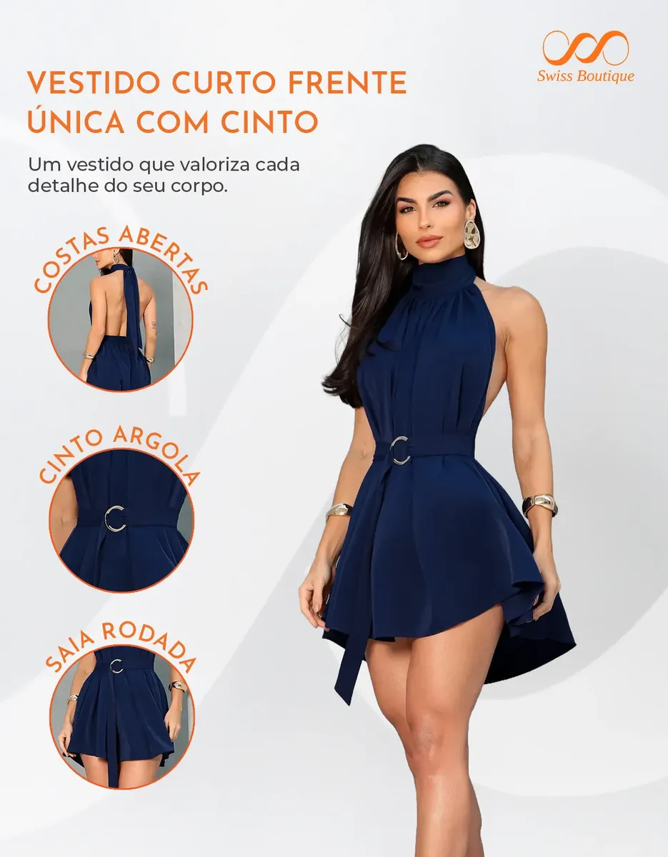 Vestido Curto Feminino Gola Alta Frente Unica Soltinho Verão