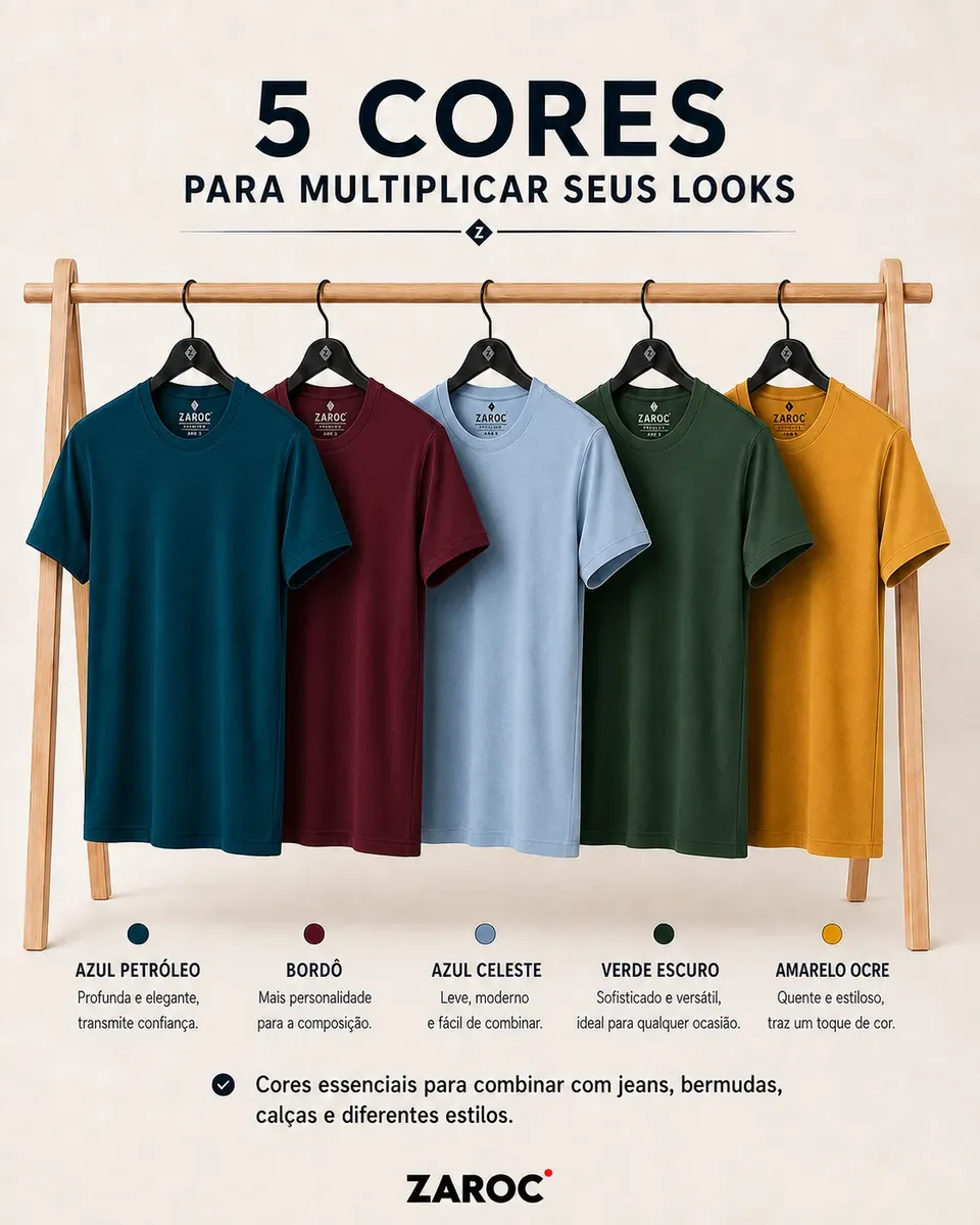 Kit 5 Camisetas Masculinas Slim Básicas Coloridas Premium